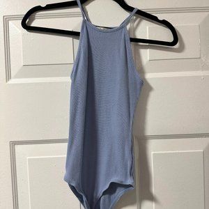 2Bella Womens Sleeveless Bodysuit Ribbed Top Spaghetti Strap Snap Blue Small